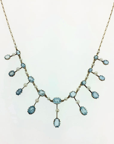 Gold Antique Aquamarine Real Pearl necklace